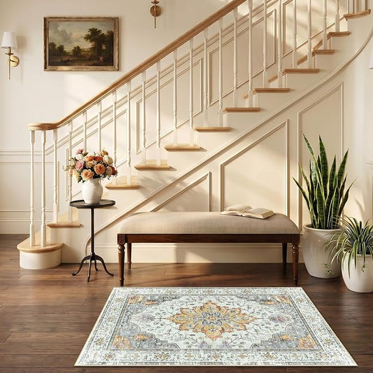 RELEANY Area Rugs Small 2'6"x4' Washable Non-Slip, Floral Vintage Distress Medallion Carpet for Kitchen Entryway Bathroom, Beige Carbon Grey Orange