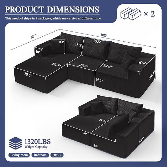 Modular Sectional Sofa for Living Room, 108" Cloud Couch Sectional with L-Shape Chaise, Modern Upholstered Corduroy Boneless Couch with Memory Foam Deep Seat, No Assembly Required (Black)