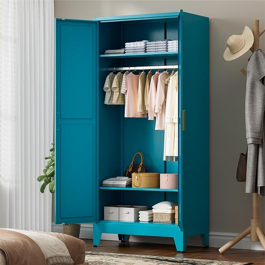 LCAOPC 71" Tall Metal Wardrobe Closet with Adjustable Shelves and Hanging Rod, 2 Doors Free Standing Armoire Wardrobe Cabinet for Bedroom, Office, Laundry Room, Blue