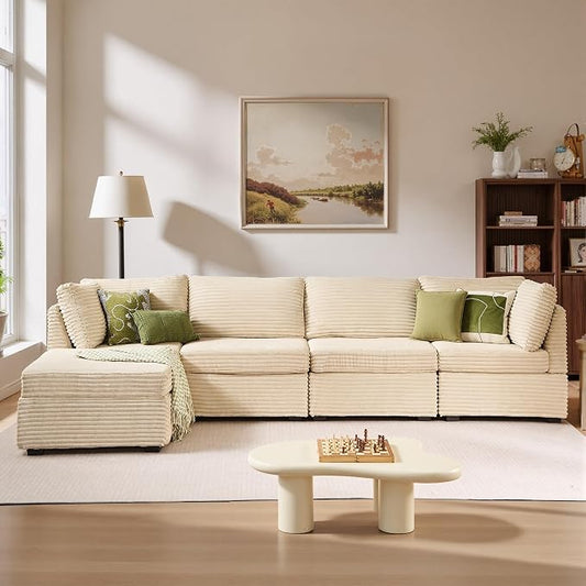 ovios Modular Sectional Sofa Couch with L-Shape Chaise Ottoman, Comfy Plush Corduroy Cloud Couches, Modern Luxury Deep Seat Sofas Set for Living Room, 5-Seater, Beige