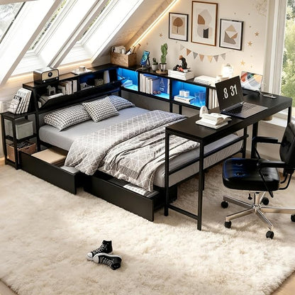 Bellemave Queen Corner Bed Frame with Storage Bookcase & 2 Drawers, Modern Metal Queen Daybed with LED Lights & Charging Station, Reversible Queen Size Corner Bed with Desk for Space-Saving, Black