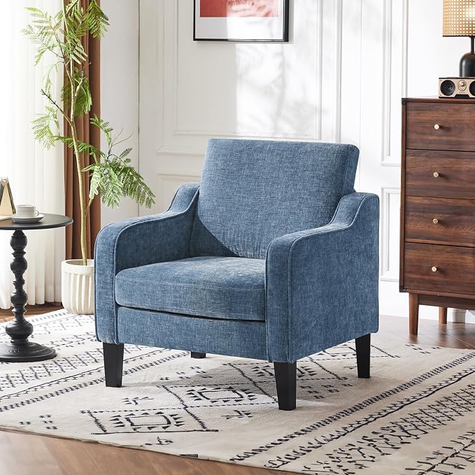 VINGLI Mid Century Modern Accent Chair Set of 2,Navy Blue Chenille Chairs for Living Room Upholstered Armchair with Scooped Arms for Bedroom,Apartment,Studio,Office,Waiting Room