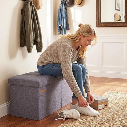 HAUSFRAU 31.5 Inches Ottoman with Storage Bench, Folding Ottoman Bench Small Foot Rest Stool, Bedroom Bench with Flipping Lid, Linen Navy Blue