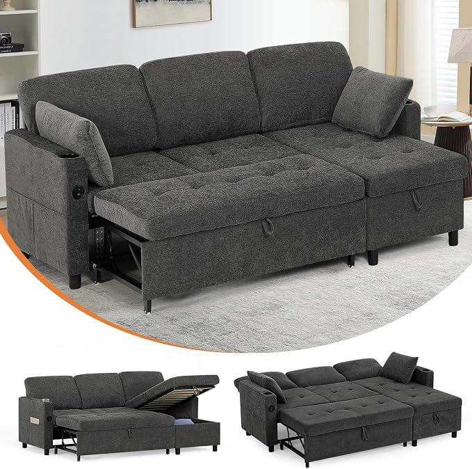 84" Fabric Sleeper Sofa Bed w/Adjustable Backrests, L-Shaped Sectional Sofa Bed w/USB Port & Thickened Cushions, Convertible Pull Out Couch Bed w/Storage Bags for Living Room, Grey