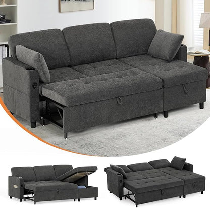 84" Fabric Sleeper Sofa Bed w/Adjustable Backrests, L-Shaped Sectional Sofa Bed w/USB Port & Thickened Cushions, Convertible Pull Out Couch Bed w/Storage Bags for Living Room, Grey