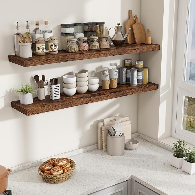 Fun Memories 55 Inch Fireplace Mantel Shelf, 10 Inch Deep Shelves for Display & Wall Storage, Rustic Wood Wall Shelf, Extra Long Floating Shelves for Living Room Laundry Room, Rustic Brown, Set of 2