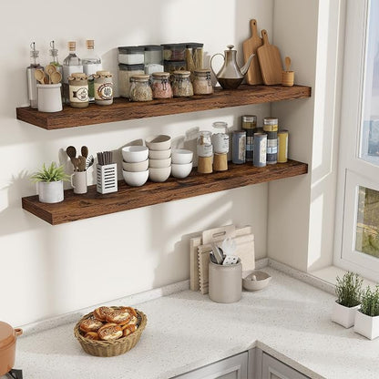Fun Memories 55 Inch Fireplace Mantel Shelf, 10 Inch Deep Shelves for Display & Wall Storage, Rustic Wood Wall Shelf, Extra Long Floating Shelves for Living Room Laundry Room, Rustic Brown, Set of 2