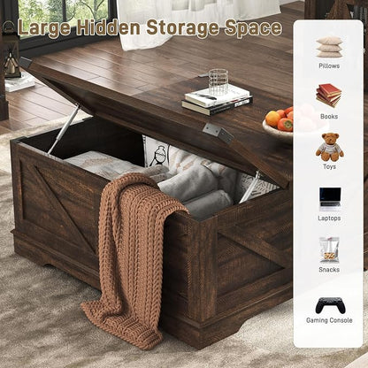 Hlivelood 40” Large Farmhouse Lift Top Coffee Table with Power Outlets and Large Hidden Storage, Square Wood Living Room Tables, Multi-Function Lift Wooden Barn Door Center Table, Brown