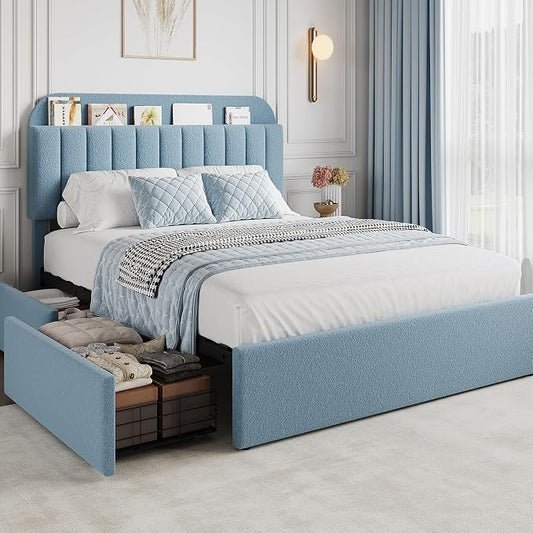 GarveeHome Full Bed Frame with Storage Headboard, Kids Bed Frame with 2 Drawers, Boucle Upholstered Platform Bed with Bookcase, No Box Spring Needed, Easy Assembly, Blue