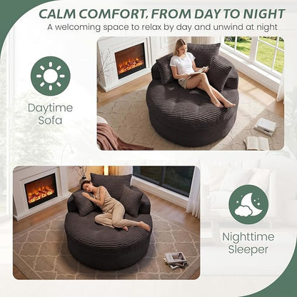 Oversized Round Chaise Lounge Chair, Deep Seat Cloud Boneless Floor Sofa Couch, Upholstered Corduroy Sleeper with 3 Pillows & Optional Ottoman, No Assembly Modern Lazy Floor Lounger for Living Room