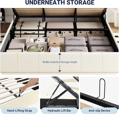 Allewie King Size Velvet Lift Up Storage Bed Frame, Vertical Channel Tufted Headboard, Hydrualic Underneath Storage, Upholstered Platform Bed, Wooden Slats Support, No Box Spring Needed, Cream