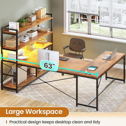 SEDETA L Shaped Desk with Storage Shelves, 63” Reversible U Shaped Office Desk, Gaming Desk with Power Outlet and LED Lights for Home Office, Rustic Brown