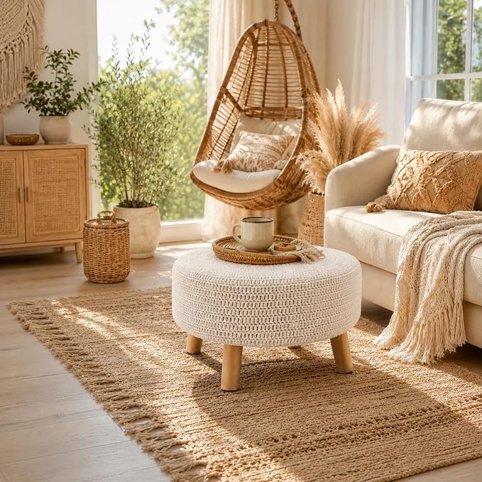 Wimarsbon Pouf Ottoman, 100% Cotton Knitted Boho Footstool, Round Footrest with Non-Skid Wood Legs, Home Décor Handmade Pouffe, Leisure Floor Step Stool for Living Room (20" White)