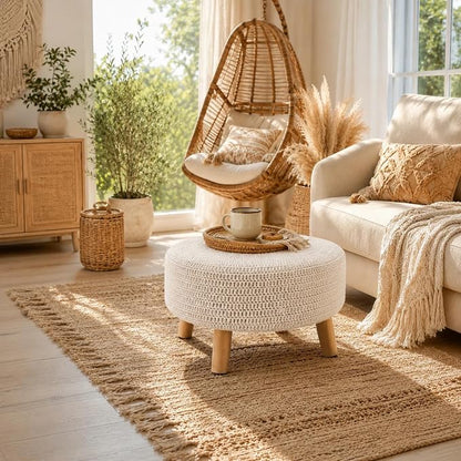 Wimarsbon Pouf Ottoman, 100% Cotton Knitted Boho Footstool, Round Footrest with Non-Skid Wood Legs, Home Décor Handmade Pouffe, Leisure Floor Step Stool for Living Room (20" White)