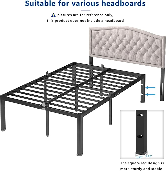 yookare Queen Platform Bed Frame,18" Heavy Duty Metal Mattress Foundation, Rounded Safety Corners & Recessed Legs,Mattress Retainers,Easy Assembly,Noise Free Steel Slat Support,No Box Spring Needed
