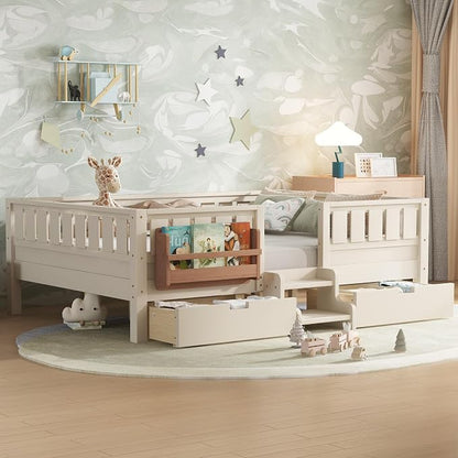 Bellemave Full Floor Bed with Stairs, Rails and Slats, Full Size Montessori Floor Bed with Bookshelf and 2 Storage Drawers, Easy Assemble Montessori Beds Frame for Girls, Boys, Light Beige
