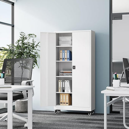 Fesbos Metal Rolling Storage Cabinet-74.6” Tall Steel File Cabinets with Wheels Lockable Doors and Adjustable Shelves-White Steel Storage Cabinet for Home, School, Office, Garage