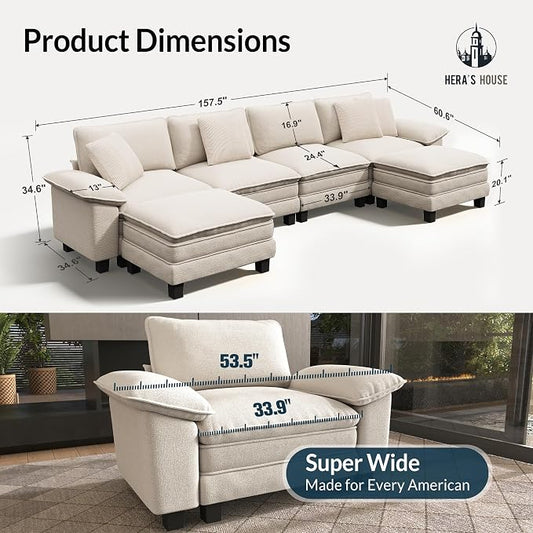 HERA'S HOUSE 158" Oversized Modular Sectional Sofa, Comfy U Shaped Couches for Living Room, Cloud Couch with Ottoman, 6-Seater Deep Seat Sofa with Throw Pillow, Chenille Beige