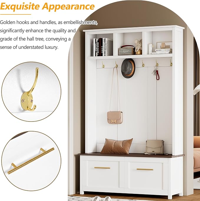 Merax Modern 4-in-1 Storage Hall Tree with Bench, Versatile Multiple Space with 6 Golden Hooks, 2 Drawers, Entryway Coat Rack for Living Room, Hallway, White