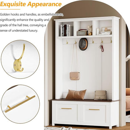 Merax Modern 4-in-1 Storage Hall Tree with Bench, Versatile Multiple Space with 6 Golden Hooks, 2 Drawers, Entryway Coat Rack for Living Room, Hallway, White
