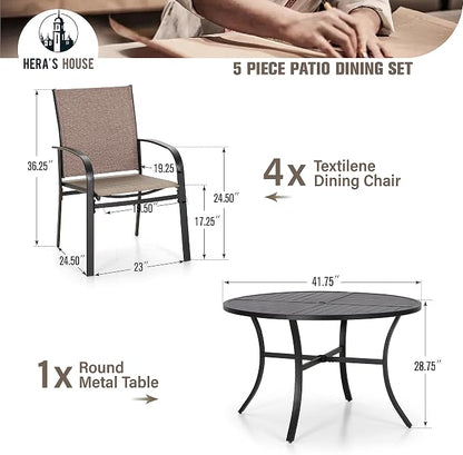 HERA'S HOUSE Patio Table and Chairs Set, 5 Pieces Outdoor Dining Set with Round Metal Table and Textilene Chairs for Lawn Garden Backyard Deck,Brown