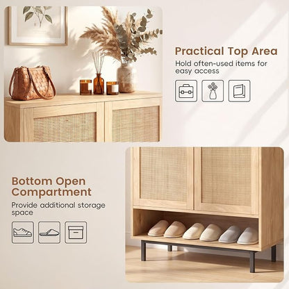 LOKO Shoe Storage Cabinet with 2 Doors, 6-Tier Rattan Shoe Organizer with Adjustable Shelves & Open Compartment, Freestanding Hidden Shoe Cabinet for Entryway, Closet & Living Room (Natural)