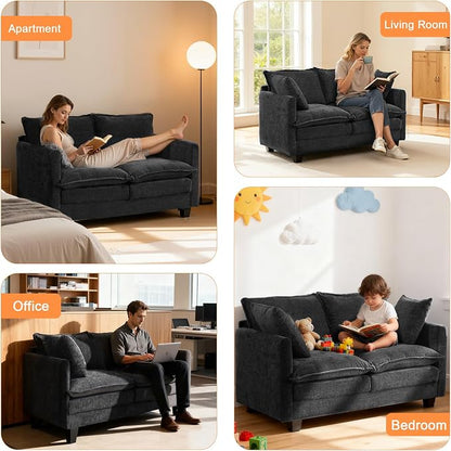 50'' Loveseat Sofa Cloud Sofa Couch, Modern Loveseats 2 Seat Couch 27" Deep Seat with 2 Pillows for Small Spaces Apartment Studio Office Bedroom Living Room, Black
