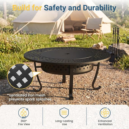 Wisteria Lane 3 in 1 48" Extra Large Fire Pit for Outside Wood Burning with 2 Adjustable Grills, Outdoor Fireplace with Lid and Fire Poker, BBQ & Bonfire & Round Metal Table for Patio, Backyard