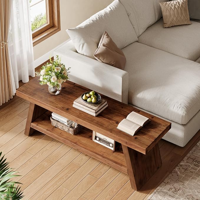 Solid Wood Entryway Bench, 2-Tier Wooden Storage Bench, Farmhouse Indoor Shoe Bench Seat for Entry, Living Room, Dining Room, Bedroom (Brown)