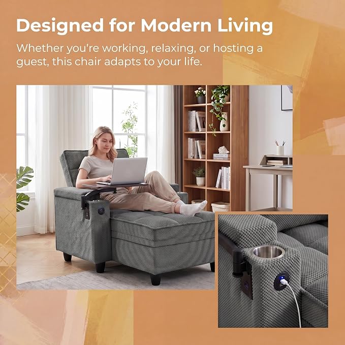 Convertible Sleeper Chair, Pull Out Sofa Bed with Adjustable Backrest & Hidden Storage Armrest, Single Sofa Recliner with USB Charging Port & Cup Holders for Living Room, Bedroom, Dark Gray