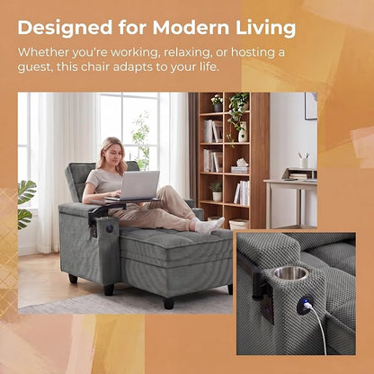 Convertible Sleeper Chair, Pull Out Sofa Bed with Adjustable Backrest & Hidden Storage Armrest, Single Sofa Recliner with USB Charging Port & Cup Holders for Living Room, Bedroom, Dark Gray