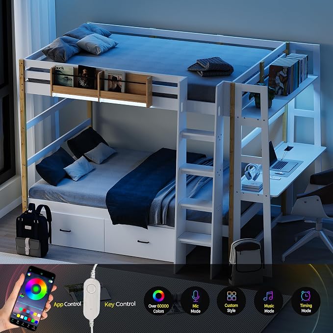 Wooden Full Over Full Bunk Bed with Desk, Convertible Solid Wood Frame with LED Lights, Built-in Outlets, Ladders and Rolling Drawers, Sturdy Wood Bunk Bed High Weight Capacity, Space-Saving