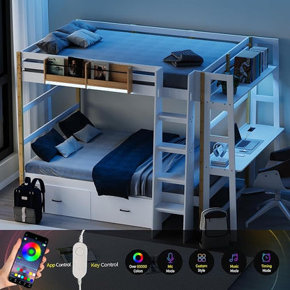 Wooden Full Over Full Bunk Bed with Desk, Convertible Solid Wood Frame with LED Lights, Built-in Outlets, Ladders and Rolling Drawers, Sturdy Wood Bunk Bed High Weight Capacity, Space-Saving