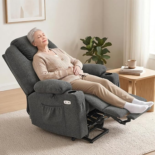MCombo Small Power Lift Recliner Chair for Elderly, Petite Power Lift Chair with Heat and Massage for Seniors, Cup Holders, USB & Type C Ports, Fabric 7141 (Grey)