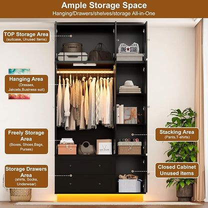 92.2" Tall Armoire Wardrobe Closet with Mirror & Motion Sensor Light, Large Storage Cabinet with 2 Drawers, Hanging Rod & Adjustable LED Strip, Anti-Tipping Wood Bedroom Furniture, 47.4"L, Black