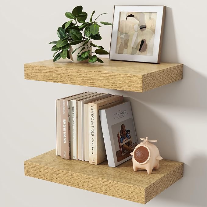 Floating Shelves for Wall, 16 Inch x 8 Inch Deep Wall Mounted Wood Shelf with Invisible Brackets for Storage & Display, Living Room Bedroom Kitchen, Oak, Set of 2