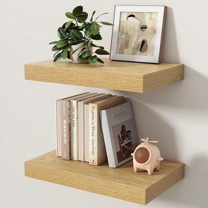 Floating Shelves for Wall, 16 Inch x 8 Inch Deep Wall Mounted Wood Shelf with Invisible Brackets for Storage & Display, Living Room Bedroom Kitchen, Oak, Set of 2