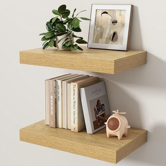Floating Shelves for Wall, 16 Inch x 8 Inch Deep Wall Mounted Wood Shelf with Invisible Brackets for Storage & Display, Living Room Bedroom Kitchen, Oak, Set of 2
