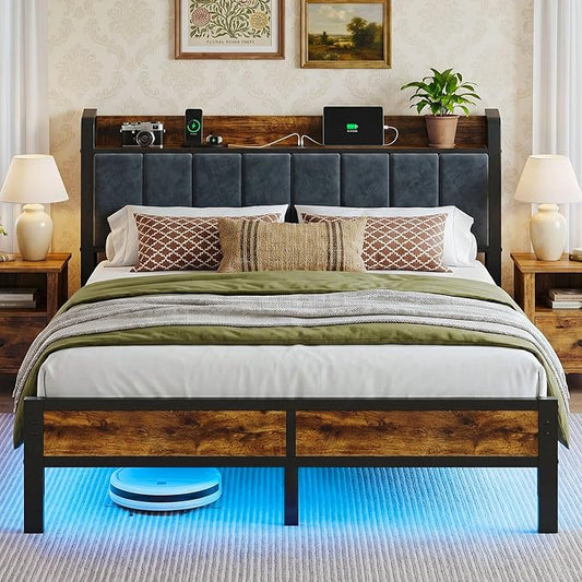Liians Queen Size LED Bed Frame with Charging Headboard, Heavy Duty Metal Platform Bed with Storage Headboard, Noise Free, No Box Spring Needed