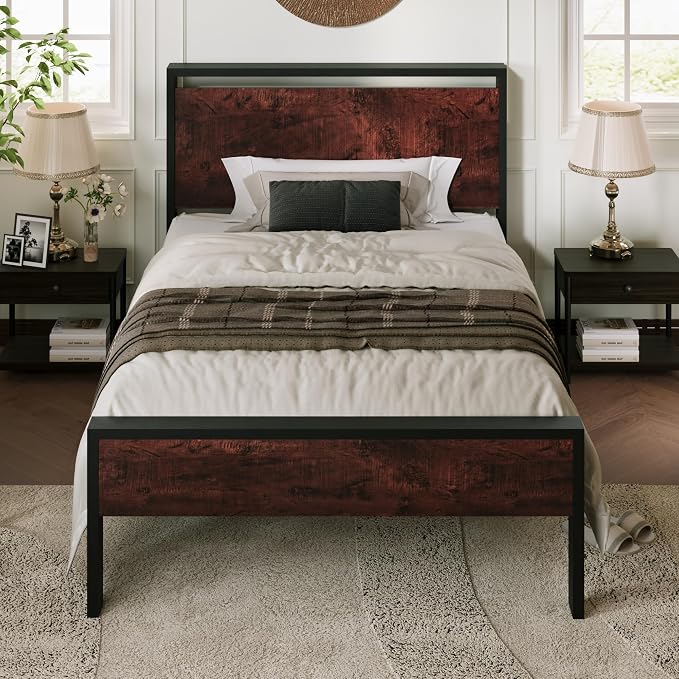 Allewie Twin Size Platform Bed Frame with Wooden Headboard and Footboard, Heavy Duty Metal Slats Support, No Box Spring Needed, Under-Bed Storage, Noise Free, Easy Assembly, Mahogany