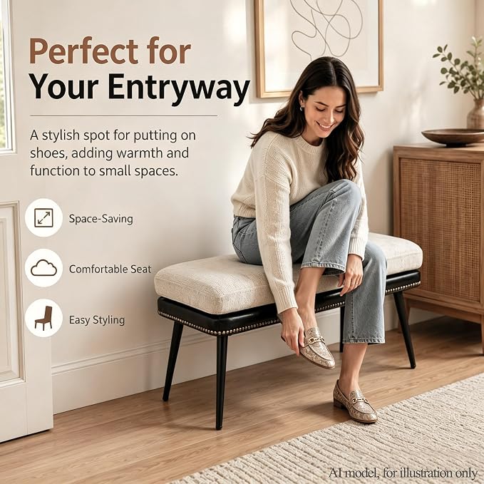 Forteek 32" Retro Upholstered Entryway Bench, Shoe Bench with Cushion | Leather & Fabric Padded Bench, End of Bed Bench for Bedroom, Dining Bench for Living Room, Storage Bench for Hallway & Foyer