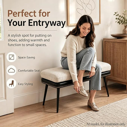 Forteek 32" Retro Upholstered Entryway Bench, Shoe Bench with Cushion | Leather & Fabric Padded Bench, End of Bed Bench for Bedroom, Dining Bench for Living Room, Storage Bench for Hallway & Foyer