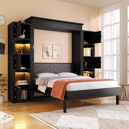 MERITLINE Queen Murphy Bed with Storage Bookcase Shelves and LED Light, Solid Wood Murphy Wall Beds with Storage Cabinet Shelves,for Adults,Space-Saving for Office,Bedroom,Guest Room