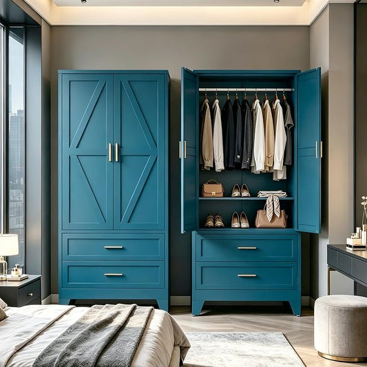 71" H Blue Closet,Armoire Wardrobe Closet,Metal Wardrobe Closet with Doors and Shelves,Large Wardrobe Closet for Bedroom