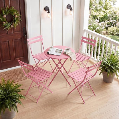 Bistro Table and Chairs Set of 4, 5 Piece Outdoor/Indoor Folding Patio Bistro Sets, 4 Chair Patio Furniture Set with Table, Premium Frame Foldable Coffee Tables for Balcony, Yard, Garden, Pink