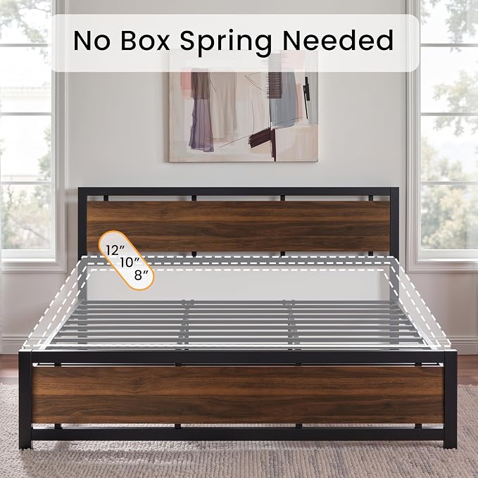 LIKIMIO King Bed Frame with Headboard and Footboard, Metal Strong Supports, Easy Assembly, Noise-Free, No Box Spring Needed, Dark Walnut