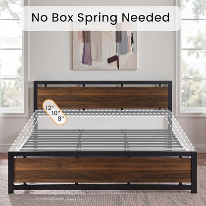LIKIMIO King Bed Frame with Headboard and Footboard, Metal Strong Supports, Easy Assembly, Noise-Free, No Box Spring Needed, Dark Walnut