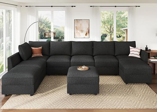 HONBAY Modular Sectional Sofa with Storage, U Shaped Couch Modular Convertible Sectional Couches for Living Room - Linen Grey