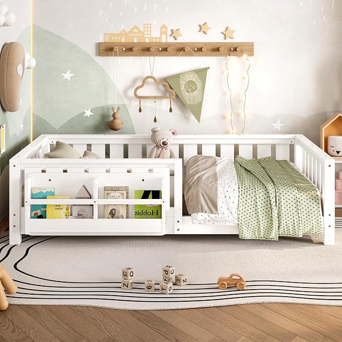 Bellemave Twin Size Montessori Floor Bed with Slats and Fence, Twin Size Montessori Bed with Rails and Bookcase, Easy Assemble Floor Beds Frame, White