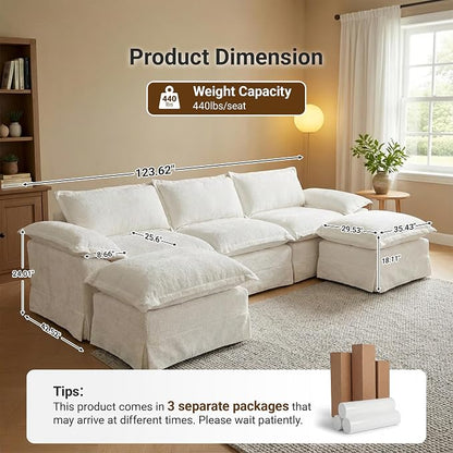 Claiks 123" Modular Boneless Couch, U Shaped Couch for Living Room, Modern Deep Seat Sofa 3 Seater Chenille Fabric Comfy Cloud Couches with Movable Ottoman, Beige